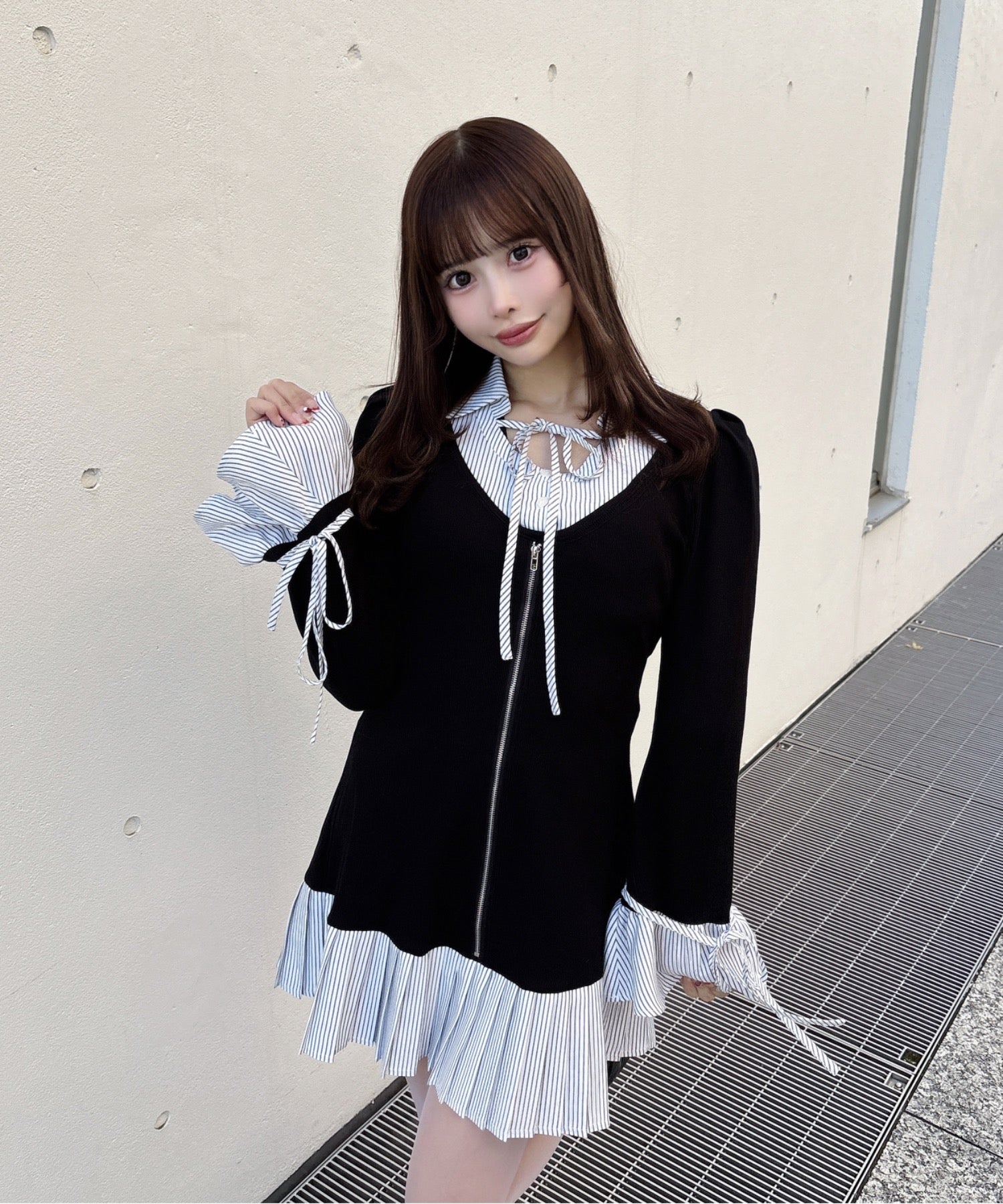 hyke ワンピース　ネイビー シースルー袖 　コレクション　ブラックフライデー ドッキングカットワンピース – PARK by one way（パークバイワンウェイ）