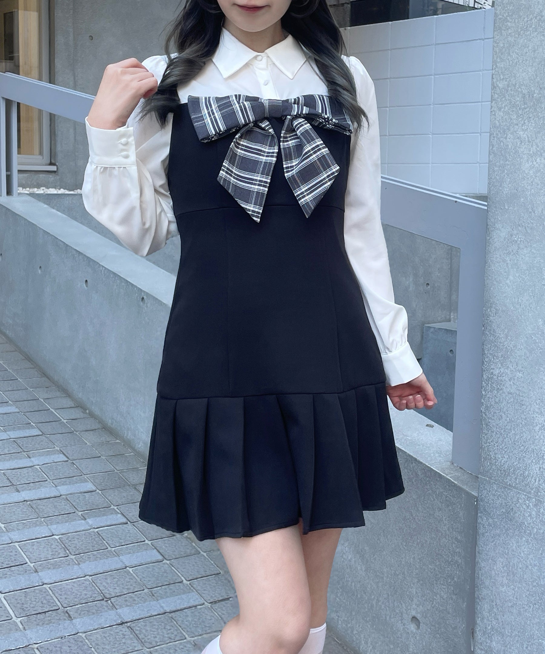 ハニーミュウ チェックリボンドッキングワンピース ブラック 新品タグ付き】honey mewチェックリボンドッキングワンピース