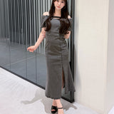 【SALE】オフショルデニムロングワンピース
