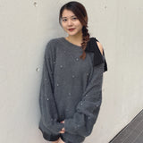 ビジュー肩リボンニット