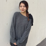 ビジュー肩リボンニット