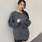 ビジュー肩リボンニット