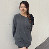 ビジュー肩リボンニット