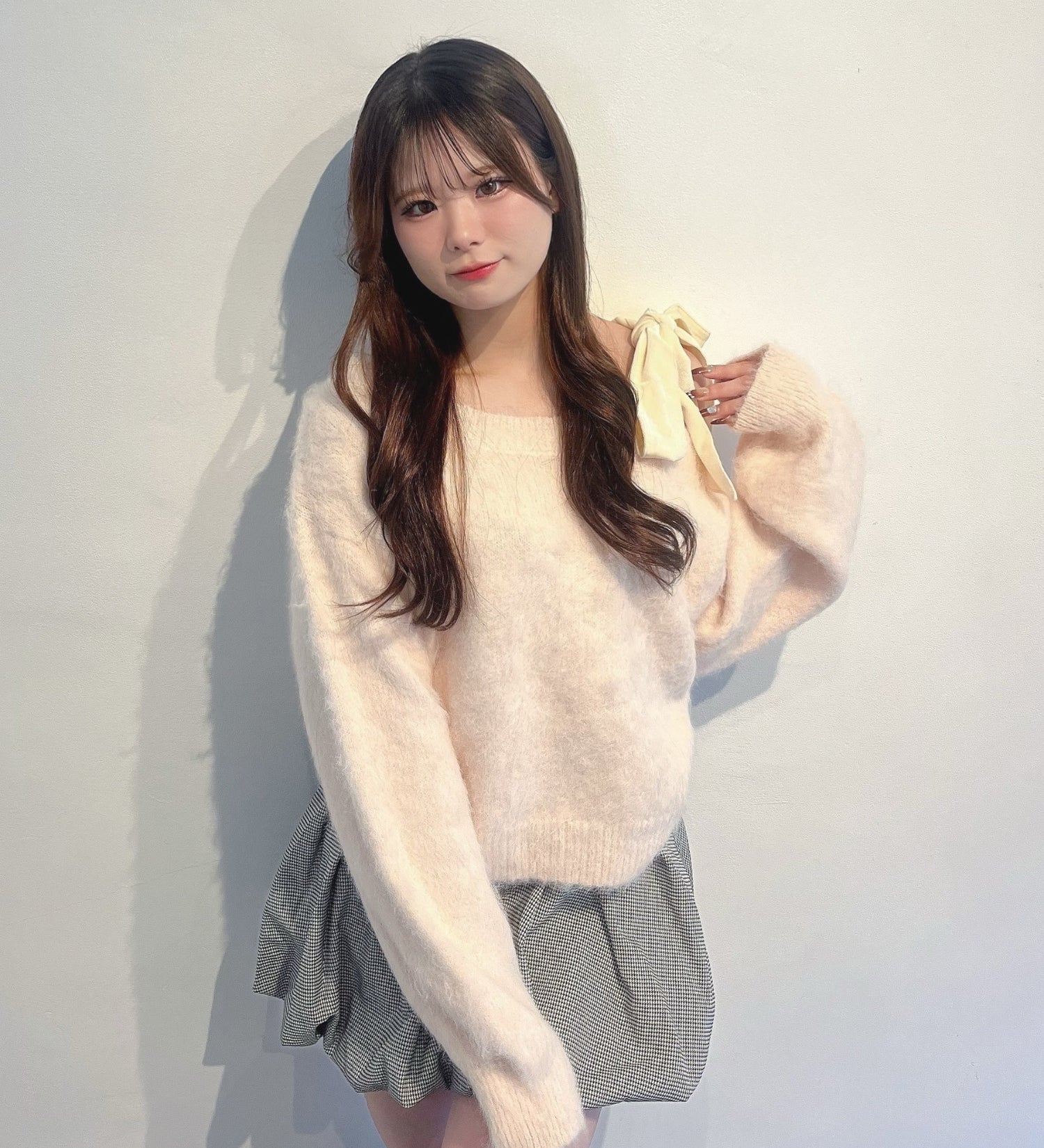 ベロアリボンワンショルニット