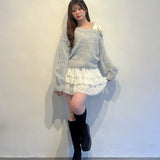 ベロアリボンワンショルニット