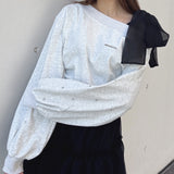 袖ビジューリボンワンショルトレーナー