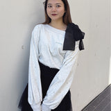 袖ビジューリボンワンショルトレーナー