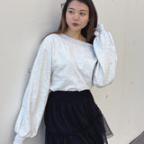 袖ビジューリボンワンショルトレーナー