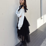 袖ビジューリボンワンショルトレーナー