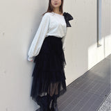 袖ビジューリボンワンショルトレーナー