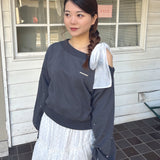 袖ビジューリボンワンショルトレーナー