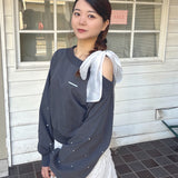 袖ビジューリボンワンショルトレーナー