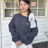 袖ビジューリボンワンショルトレーナー