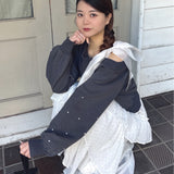 袖ビジューリボンワンショルトレーナー