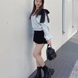 袖ビジューリボンワンショルトレーナー