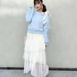 袖ビジューリボンワンショルトレーナー