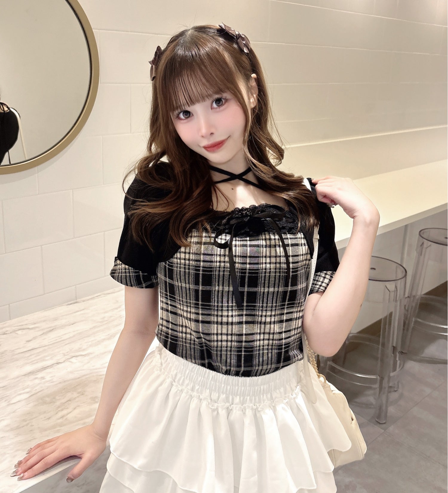 半袖チェック×ボレロ風トップス