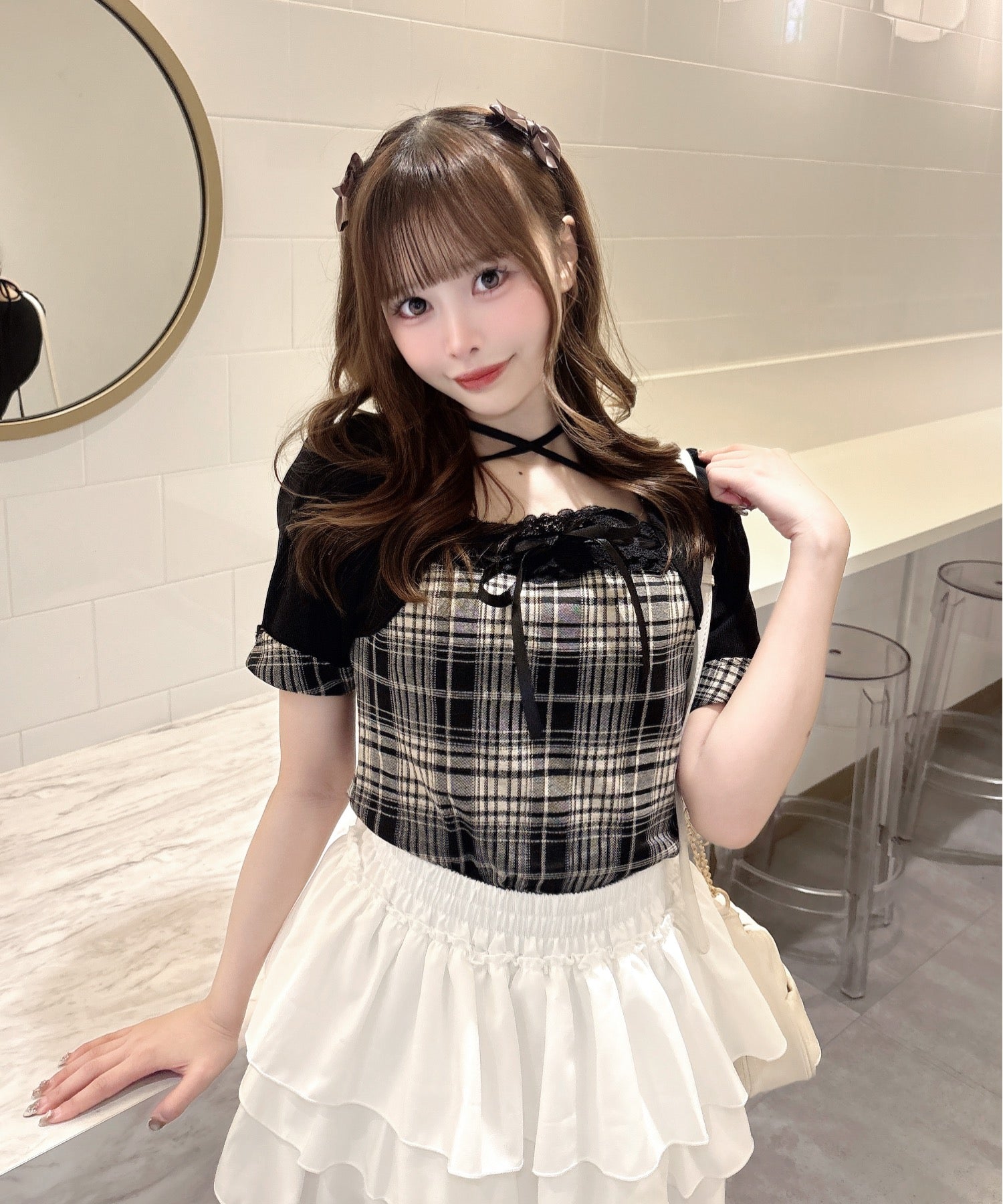 半袖チェック×ボレロ風トップス