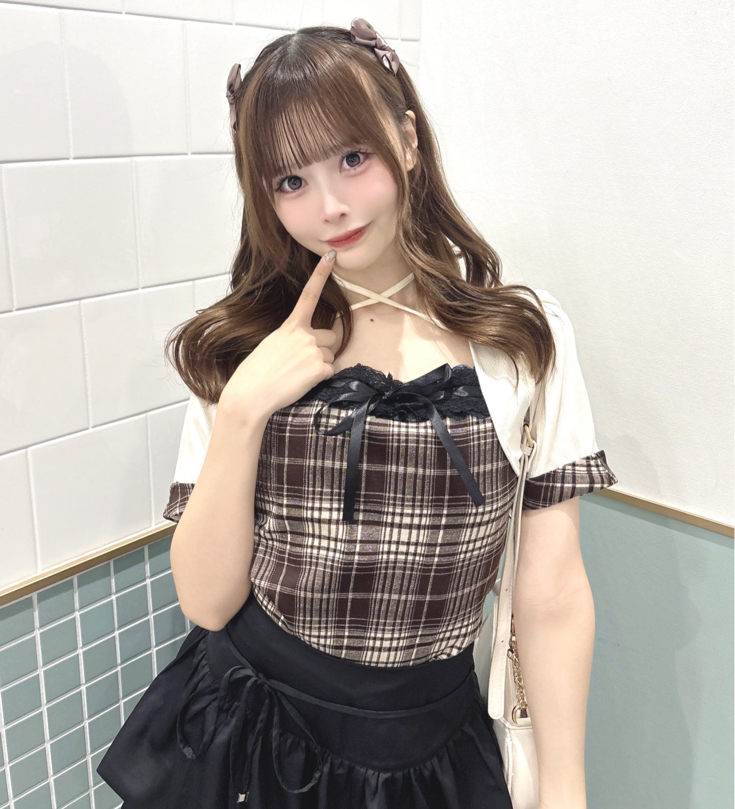 半袖チェック×ボレロ風トップス