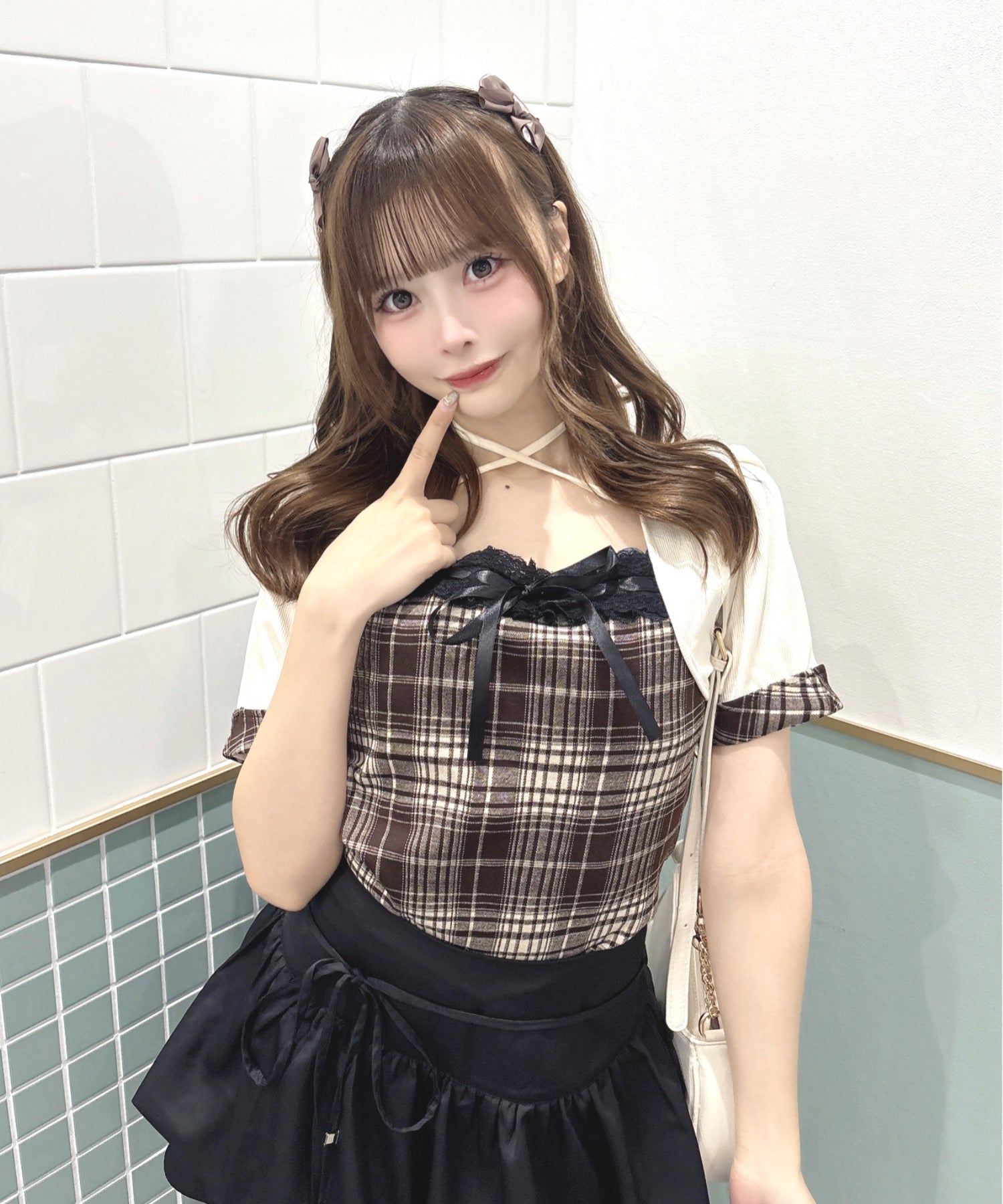 半袖チェック×ボレロ風トップス