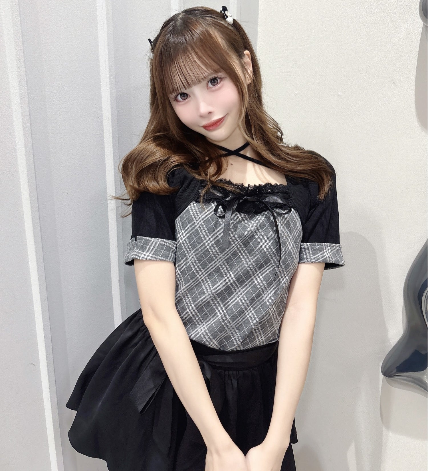 半袖チェック×ボレロ風トップス