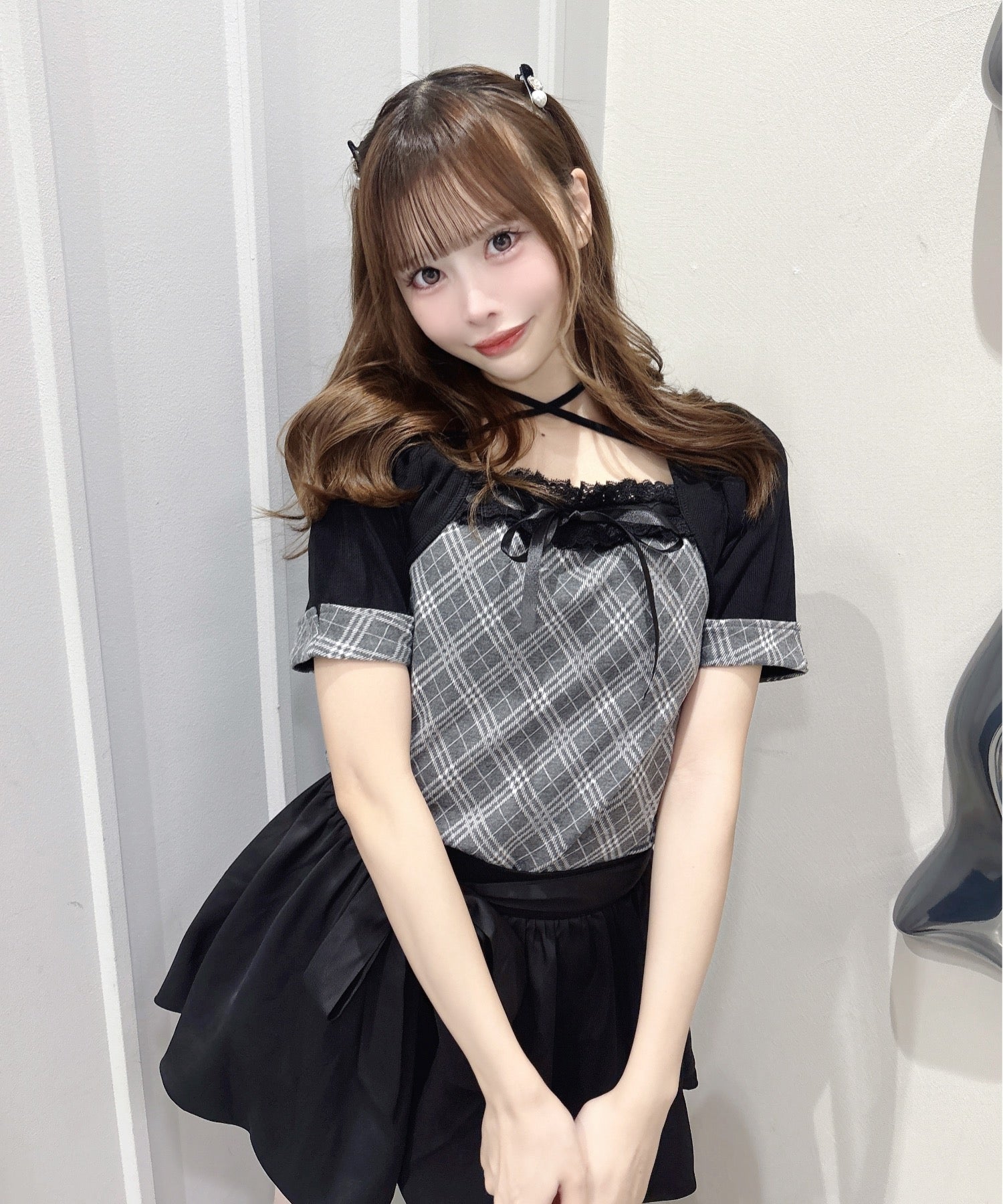 半袖チェック×ボレロ風トップス