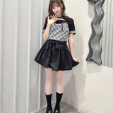 半袖チェック×ボレロ風トップス