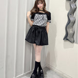 半袖チェック×ボレロ風トップス