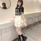 半袖チェック×ボレロ風トップス