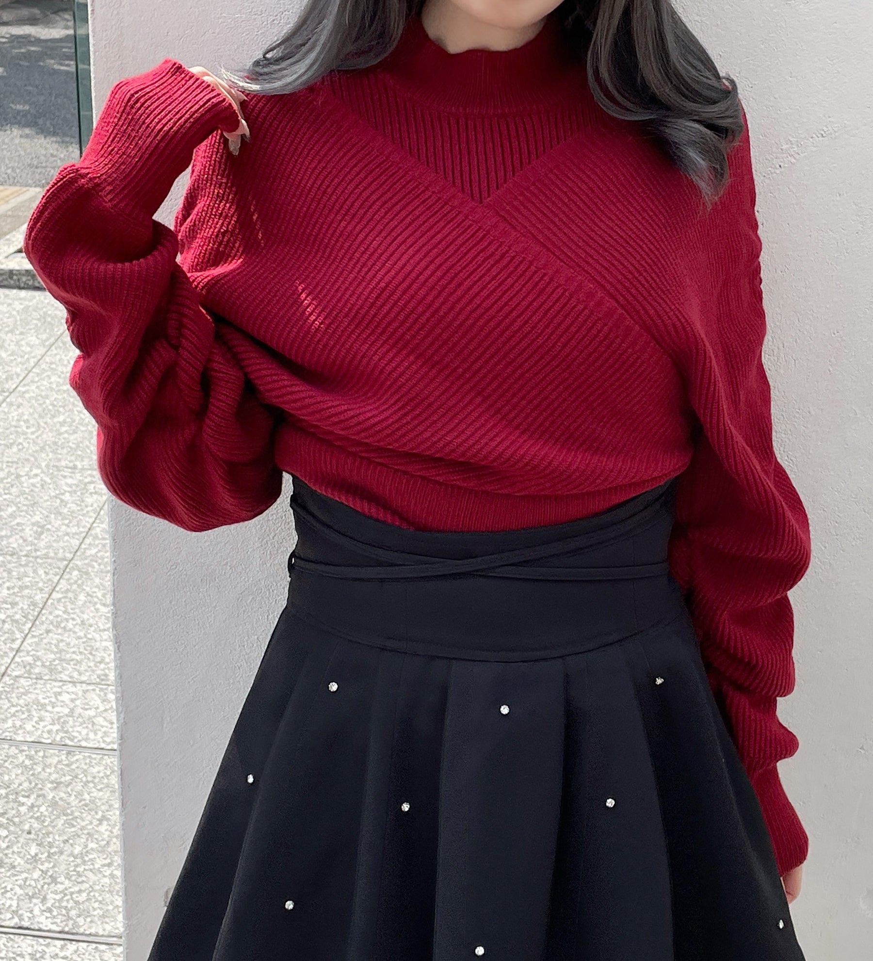シャーリング袖カシュクールニット