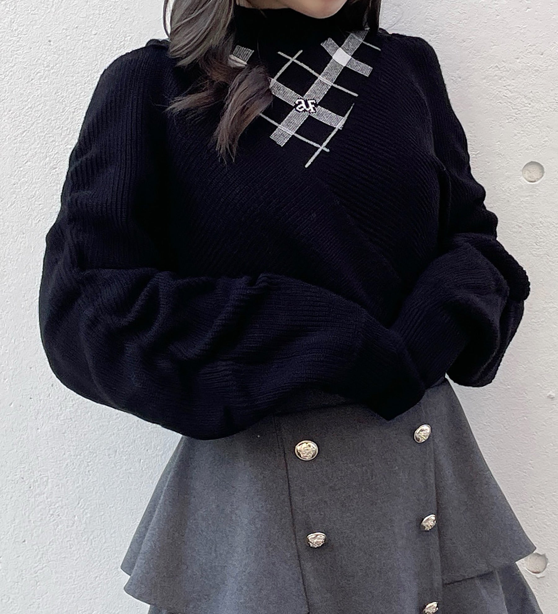 シャーリング袖カシュクールニット