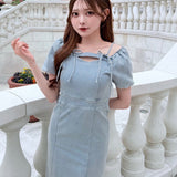 【予約商品7月上旬お届け】オフショルデニムロングワンピース