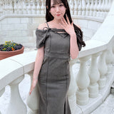 【予約商品7月上旬お届け】オフショルデニムロングワンピース