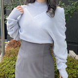 シャーリング袖カシュクールニット