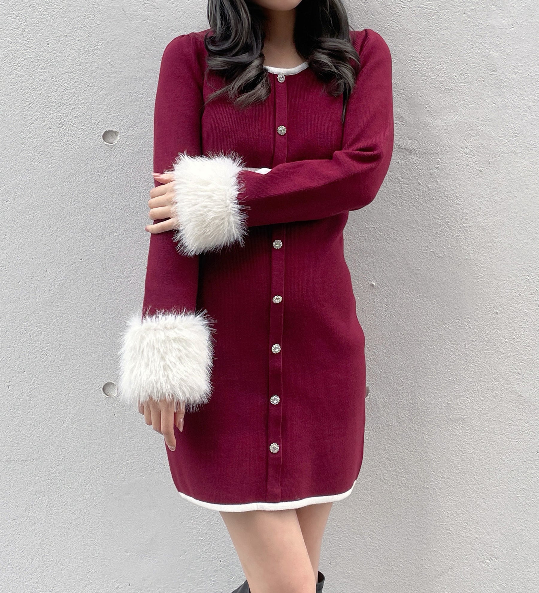 ファー付きパイピングワンピース