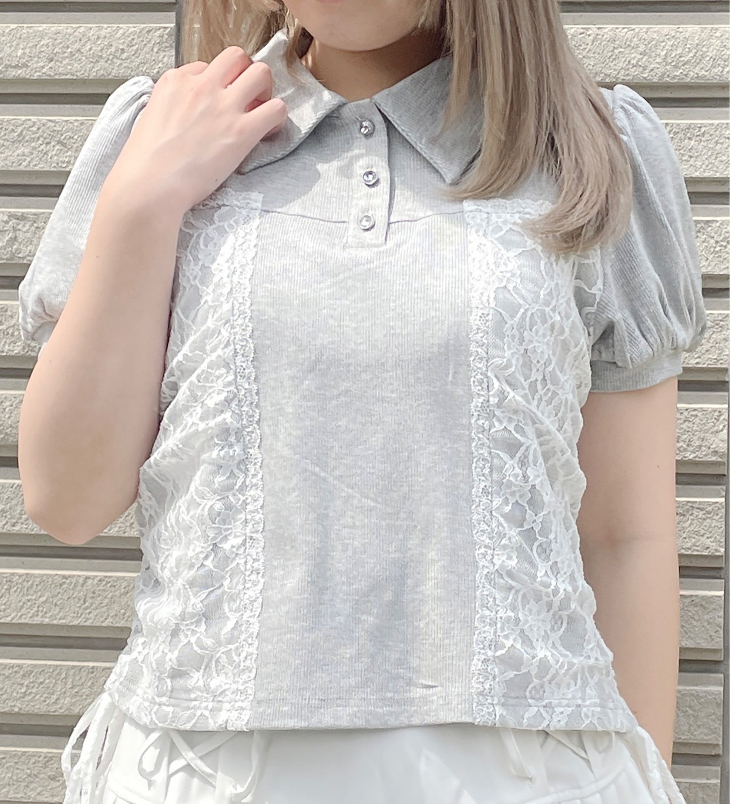 ポロ衿レースドロストトップス