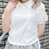 ポロ衿レースドロストトップス