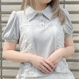ポロ衿レースドロストトップス