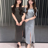 【SALE】オフショルデニムロングワンピース