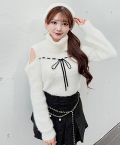 ベロアリボンオフタートルニット