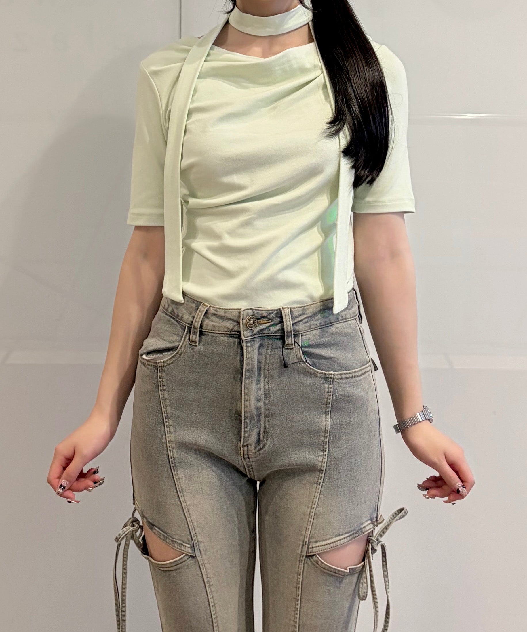 【SALE】半袖ドレープ衿カットソー