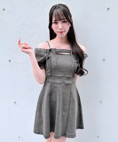 オフショルデニムミニワンピ