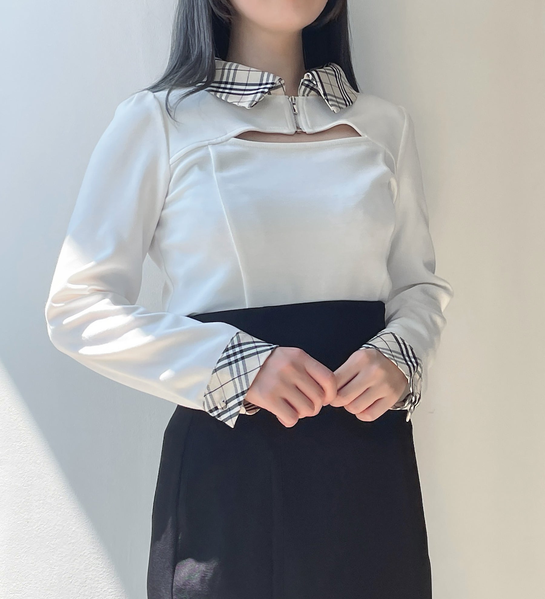 チェック衿フロント開きトップス