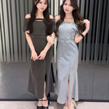 【SALE】オフショルデニムロングワンピース