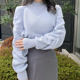 シャーリング袖カシュクールニット