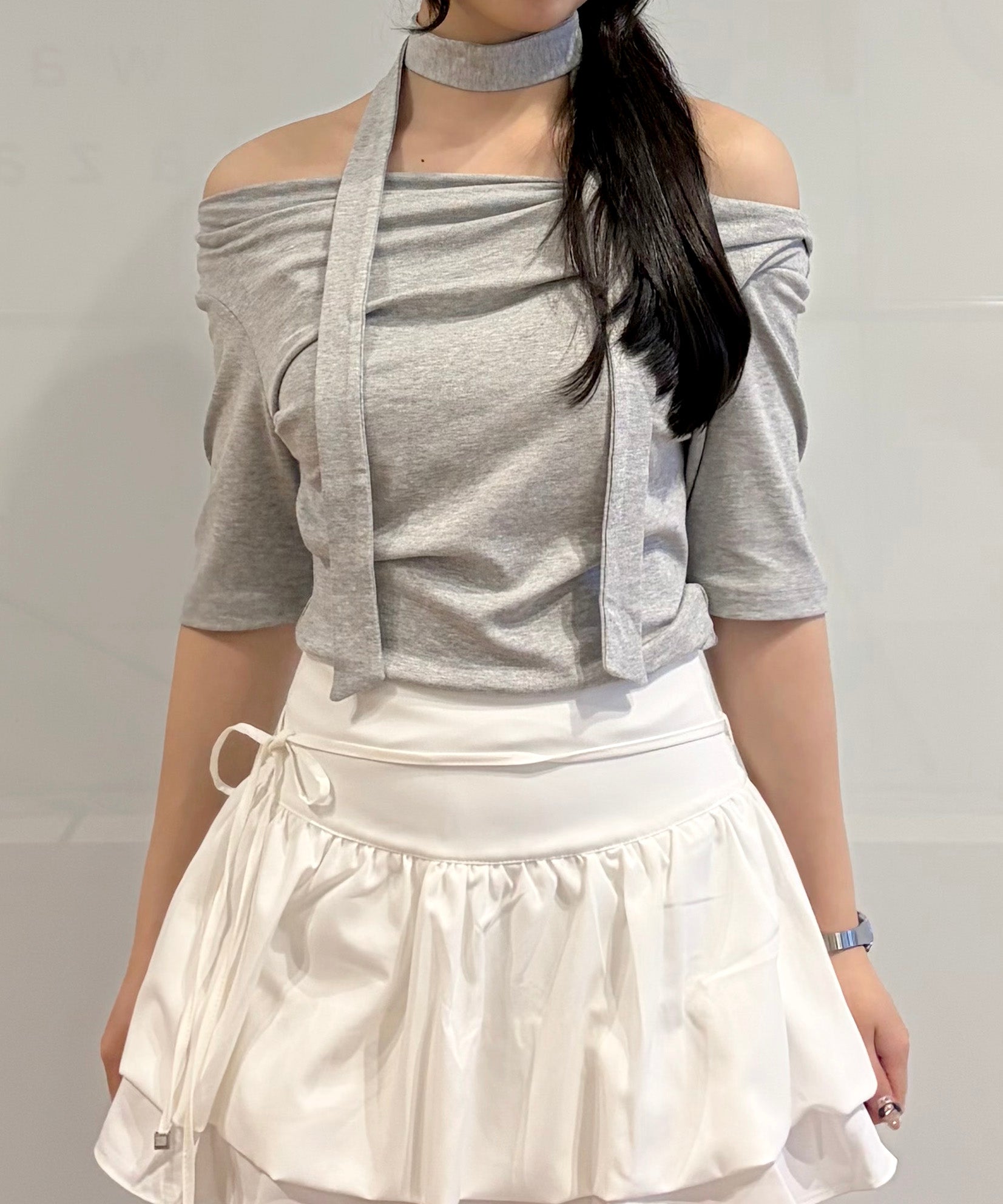 【SALE】半袖ドレープ衿カットソー