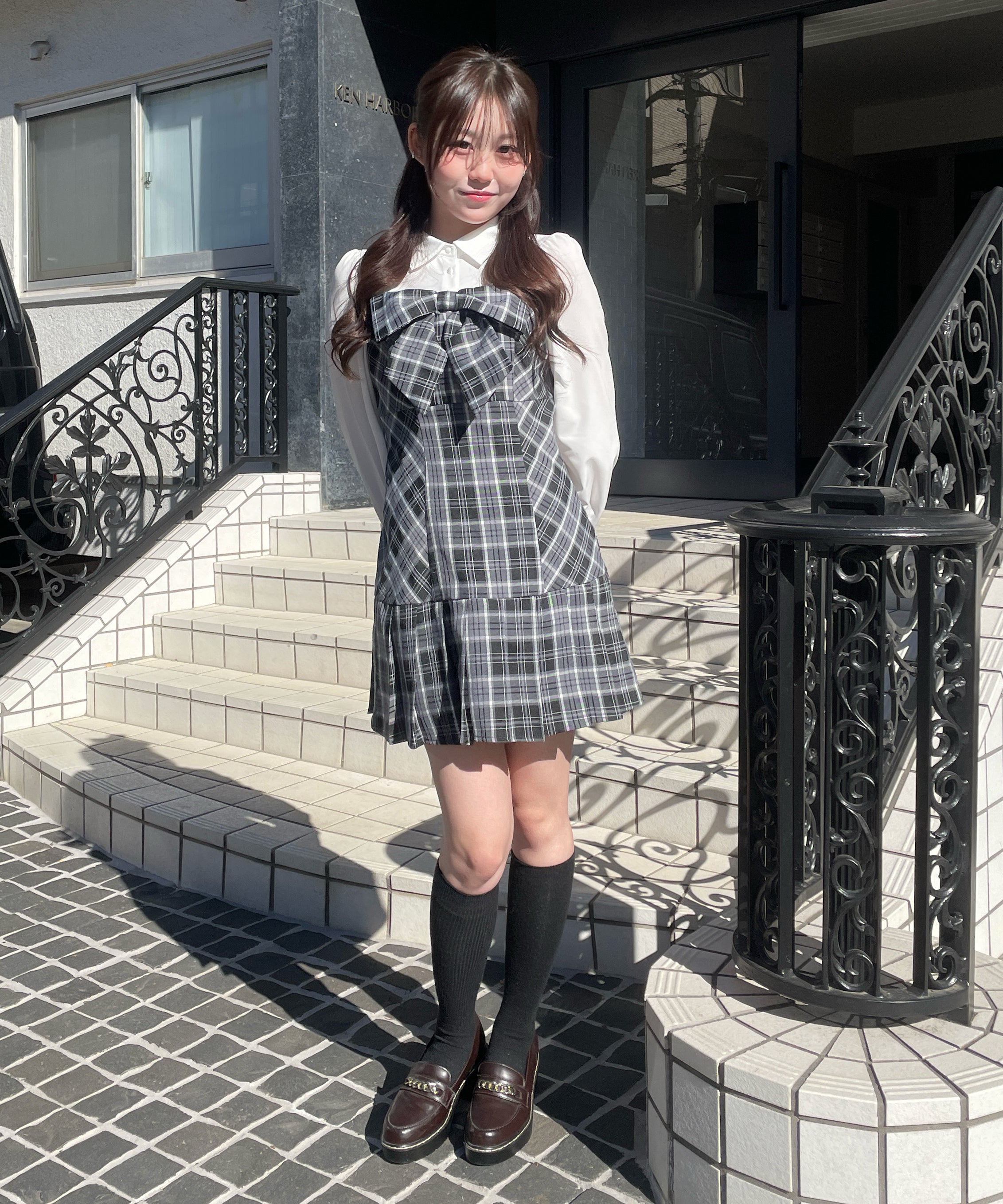 ハニーミュウ チェックリボンドッキングワンピース ブラック 新品タグ付き】honey mewチェックリボンドッキングワンピース