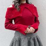 フェザー衿肩開きニット