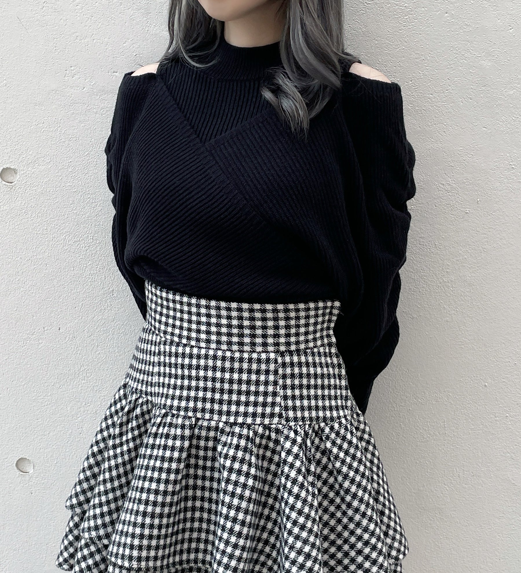 シャーリング袖カシュクールニット