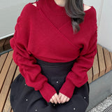 シャーリング袖カシュクールニット